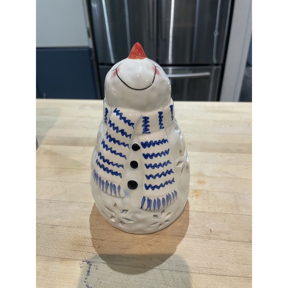 Snowman Looking Up White Blue Ceramic Tealight Candle Holder Vtg Giftco 6"